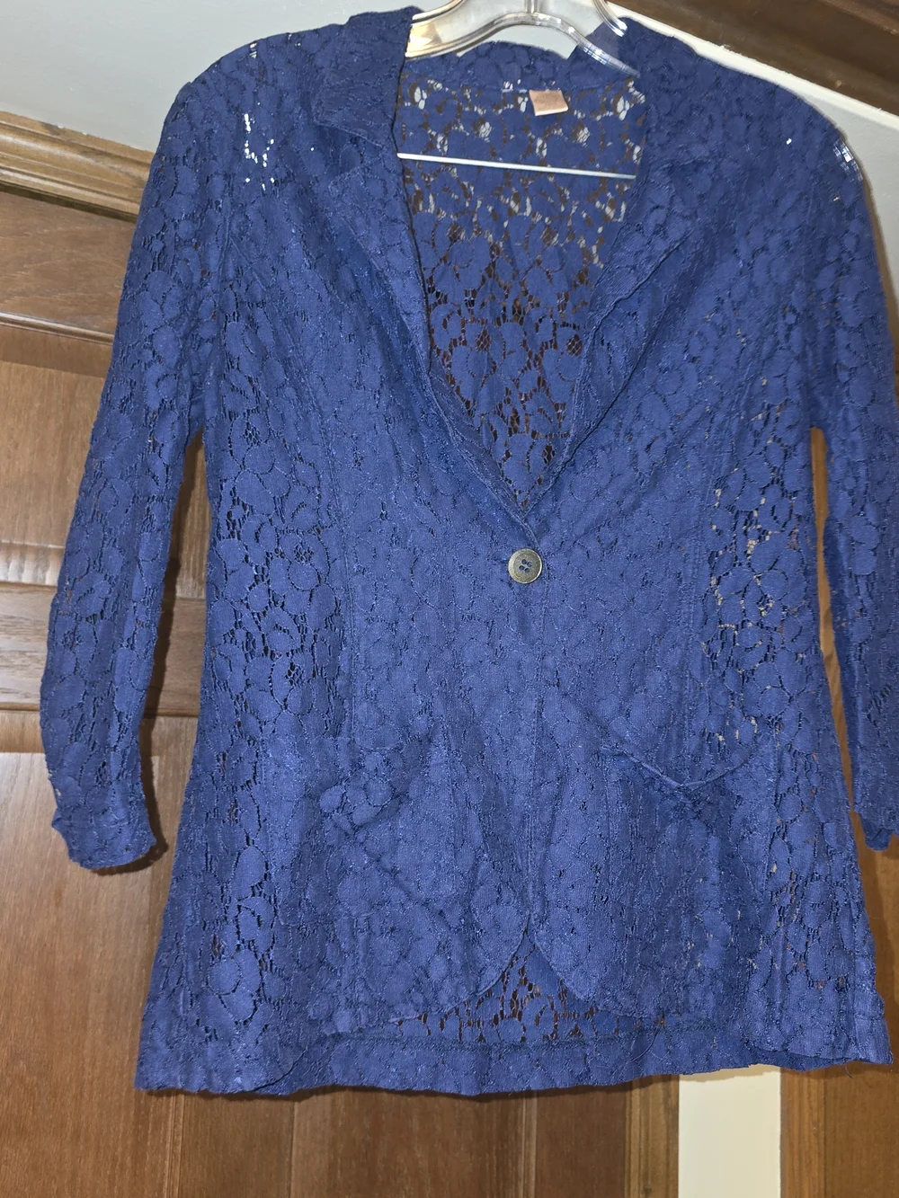 Women's Small Navy Blue Sheer Lace Blazer Open Front Pockets GUC